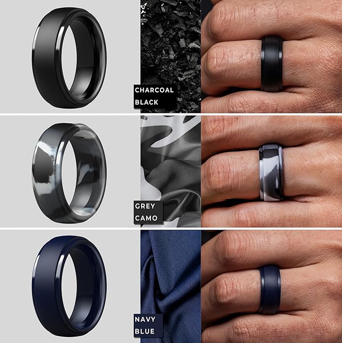 ThunderFit Silicone Rings for Men - 7 Rings / 4 Rings / 1 Ring Step Edge Rubber Wedding Bands 10mm Wide - 2.5mm Thick