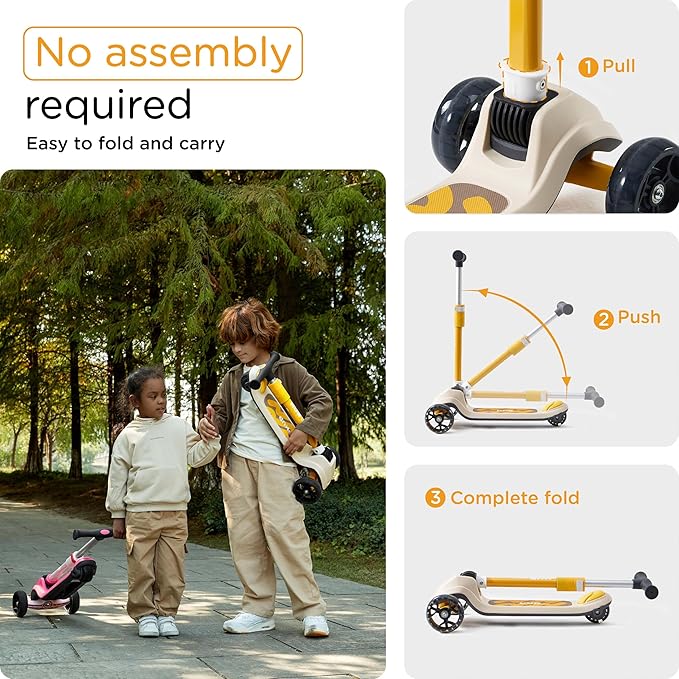 KUB Toddler Scooter for Kids Ages 2+, 3 Wheel Kick Scooter with LED Light-Up Wheels, Adjustable Height Handlebar, Lean-to-Steer, Anti-Slip Deck, Easy-Fold Design, Gift for Boys and Girls-CubbioBaby