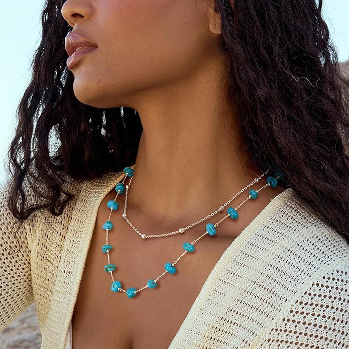 Created Turquoise Necklace for Women 14K Gold Plated Beaded Heart Choker Boho Necklaces Handmade Beach Summer Everyday Western Jewelry Gifts