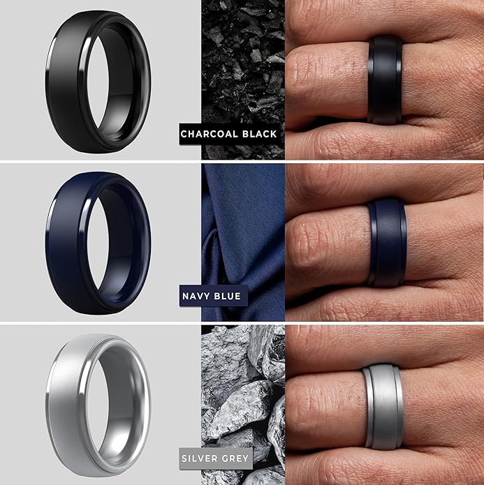 ThunderFit Silicone Rings for Men - 7 Rings / 4 Rings / 1 Ring Step Edge Rubber Wedding Bands 10mm Wide - 2.5mm Thick