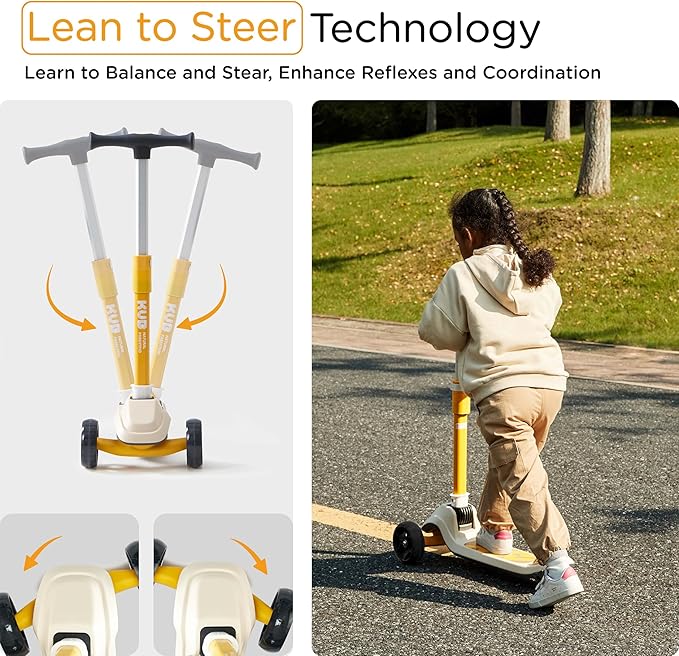 KUB Toddler Scooter for Kids Ages 2+, 3 Wheel Kick Scooter with LED Light-Up Wheels, Adjustable Height Handlebar, Lean-to-Steer, Anti-Slip Deck, Easy-Fold Design, Gift for Boys and Girls-CubbioBaby