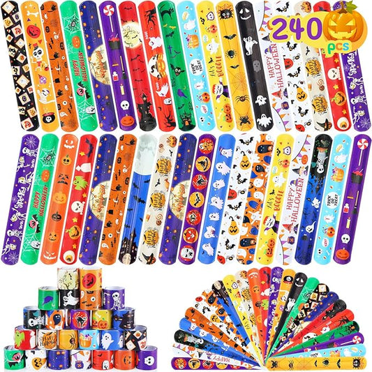 Liliful 360 Pcs Halloween Slap Bracelets Bulk for Kids Halloween Snap Bracelets Decor 24 Styles Halloween Wristbands Bags Filler Halloween Party Favor