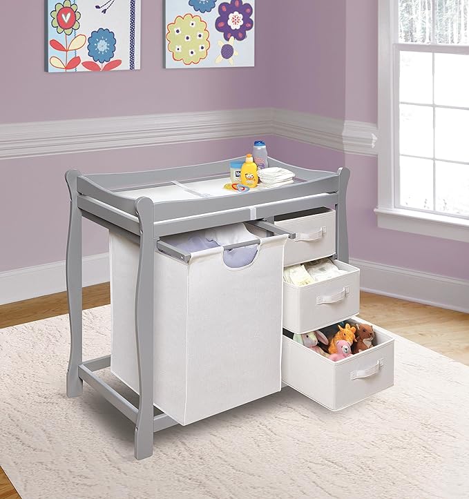 Badger Basket Sleigh-Style Baby Changing Table - Diaper Changing Station with 3 Storage Baskets - Nursery Organizer with Hamper, Changing Pad, Safety Rails - Gray-CubbioBaby